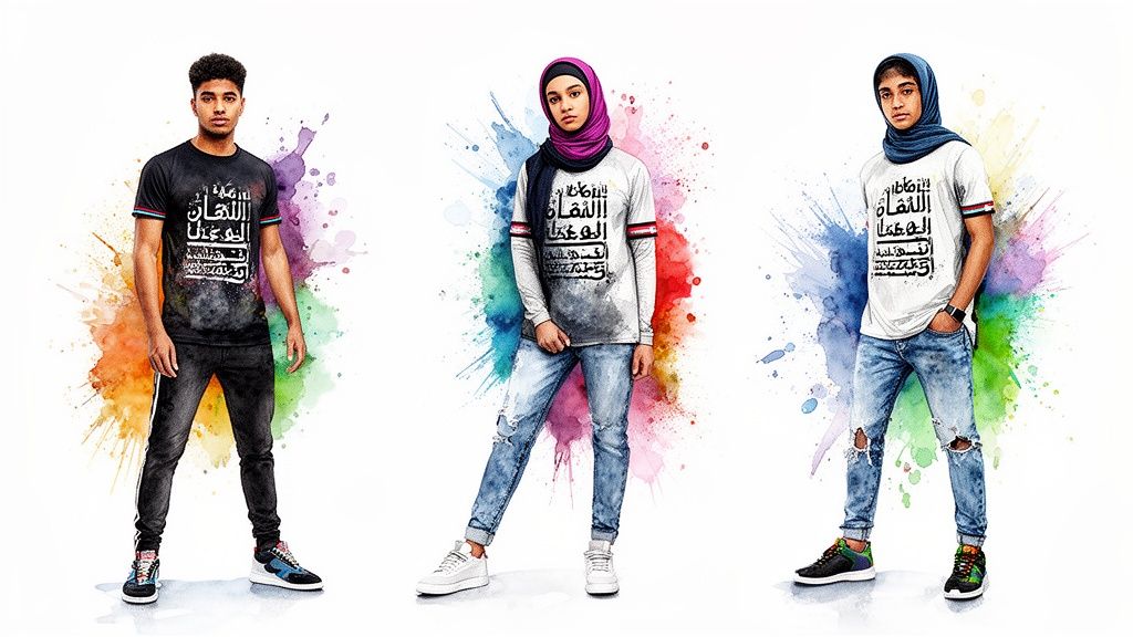 Three young people in modern Egyptian clothes with Arabic script and colorful watercolor splashes.