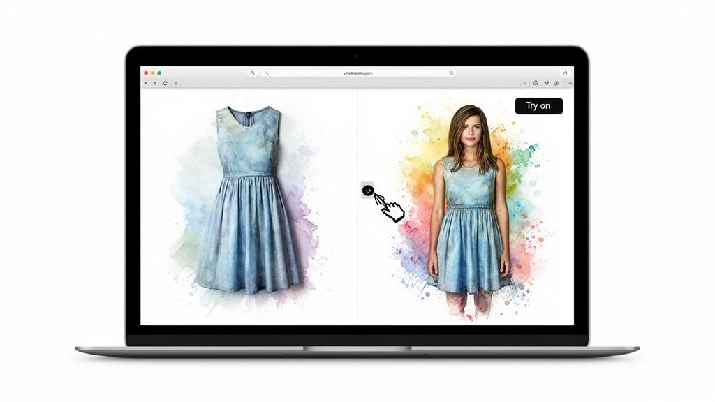 A laptop showcasing a virtual try-on application where a dress is shown on a model.