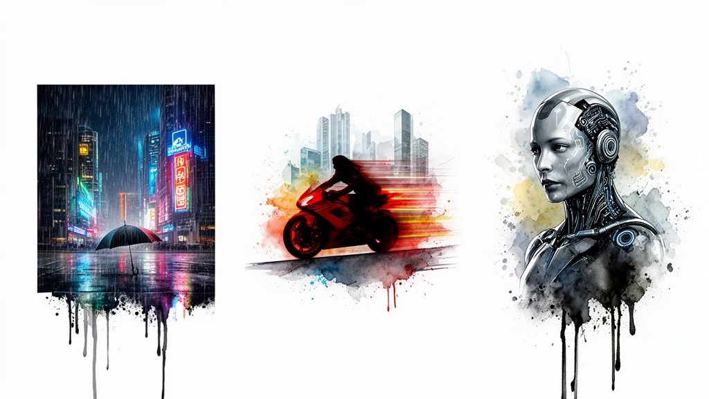 Three distinct cyberpunk-style watercolor artworks: a rainy city, a speeding motorcycle, and a female cyborg.