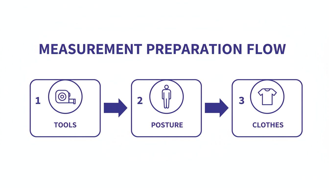 A three-step measurement preparation flow diagram, detailing tools, posture, and clothes.
