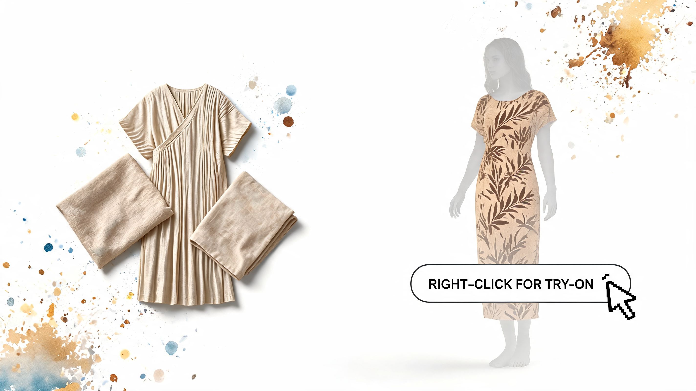 An ancient Egyptian style beige wrap dress displayed with fabric swatches and a virtual try-on mannequin.