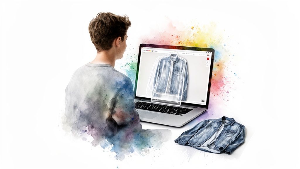 Young person with watercolor body looks at laptop showing virtual denim jacket, with real jacket nearby.