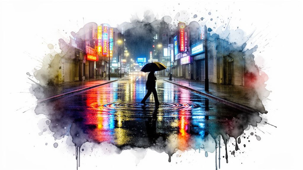 A person with an umbrella walks on a wet, neon-lit city street at night, reflected in puddles.