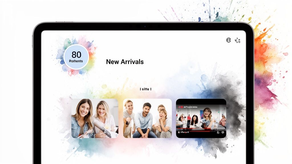 Tablet screen showing an app with "New Arrivals," featuring images and a video thumbnail of happy people.
