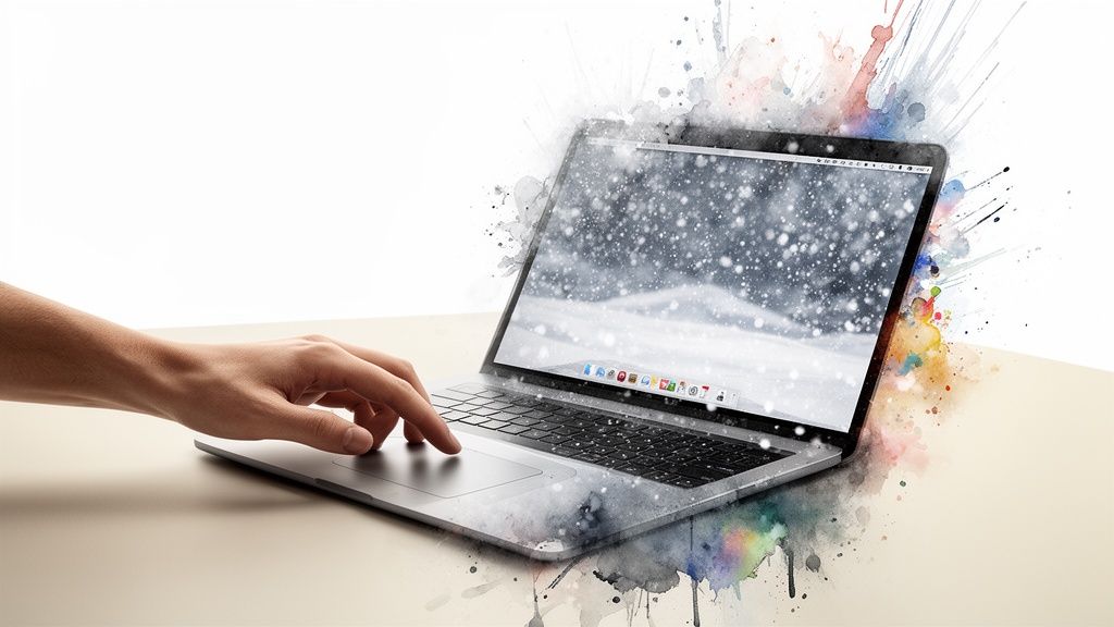 A hand interacts with a laptop featuring a snowy screen and colorful watercolor splashes.