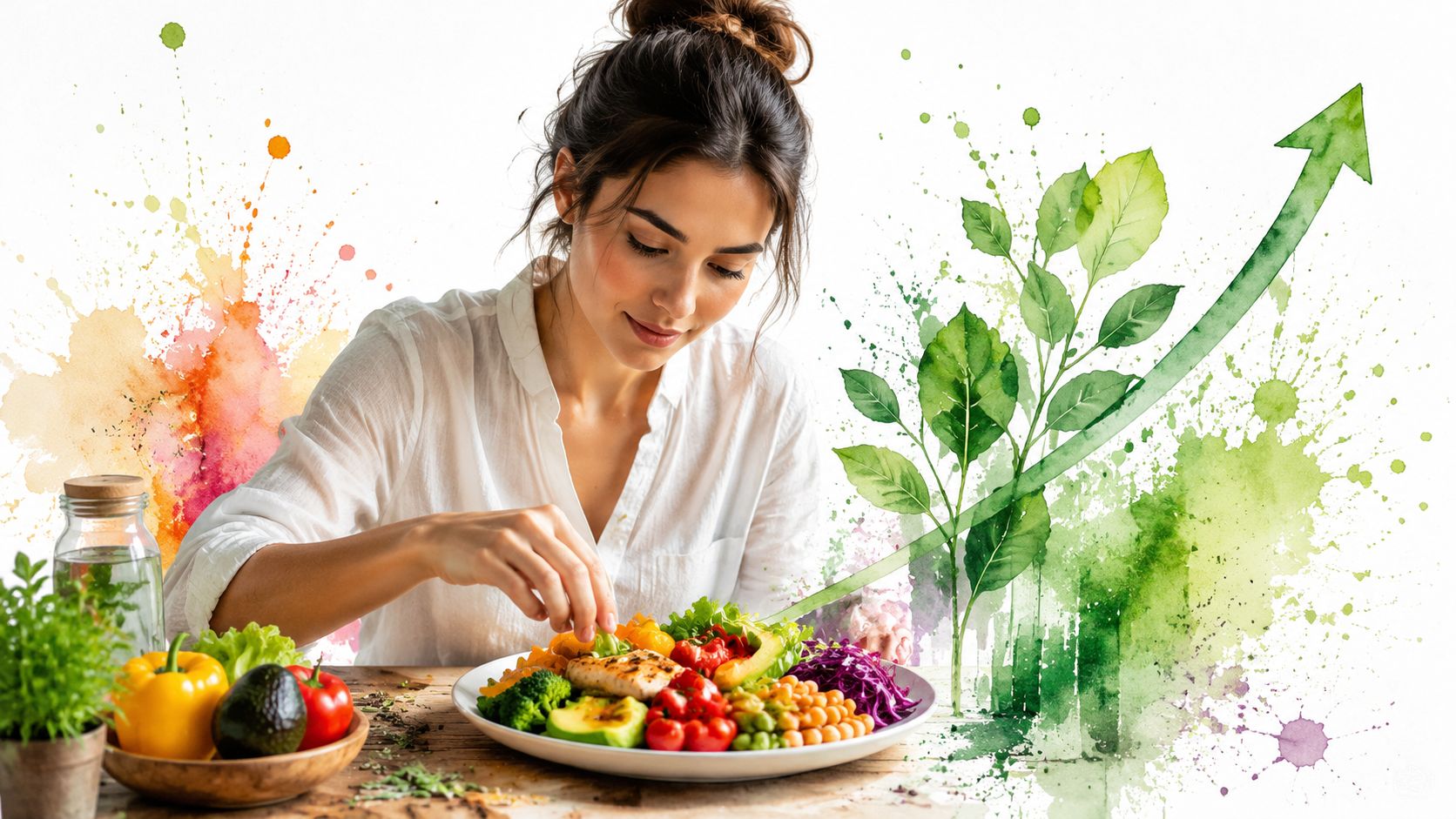 A woman carefully preparing a healthy, colorful plant-based meal with fresh vegetables and wholesome ingredients.