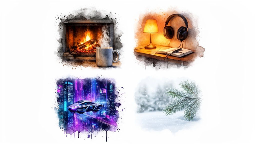 A watercolor collage featuring a cozy fireplace, a desk with headphones, a neon futuristic city, and a snowy pine branch.