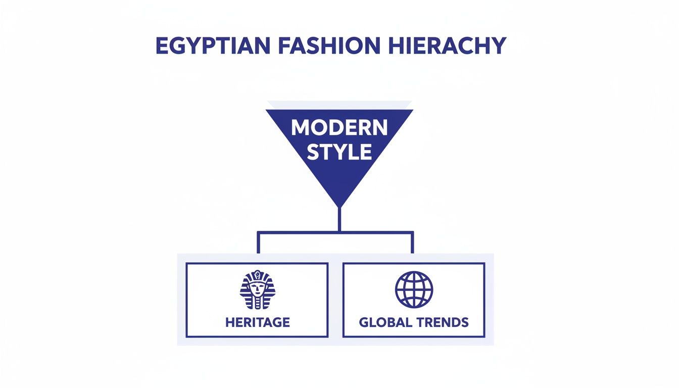A hierarchy diagram of Egyptian fashion, connecting modern style to both heritage and global trends.