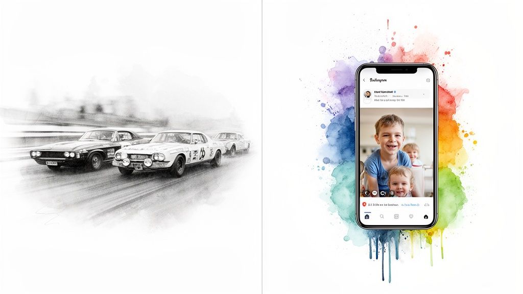 Split image of vintage race cars sketch and a smartphone displaying children on Instagram with watercolor art.