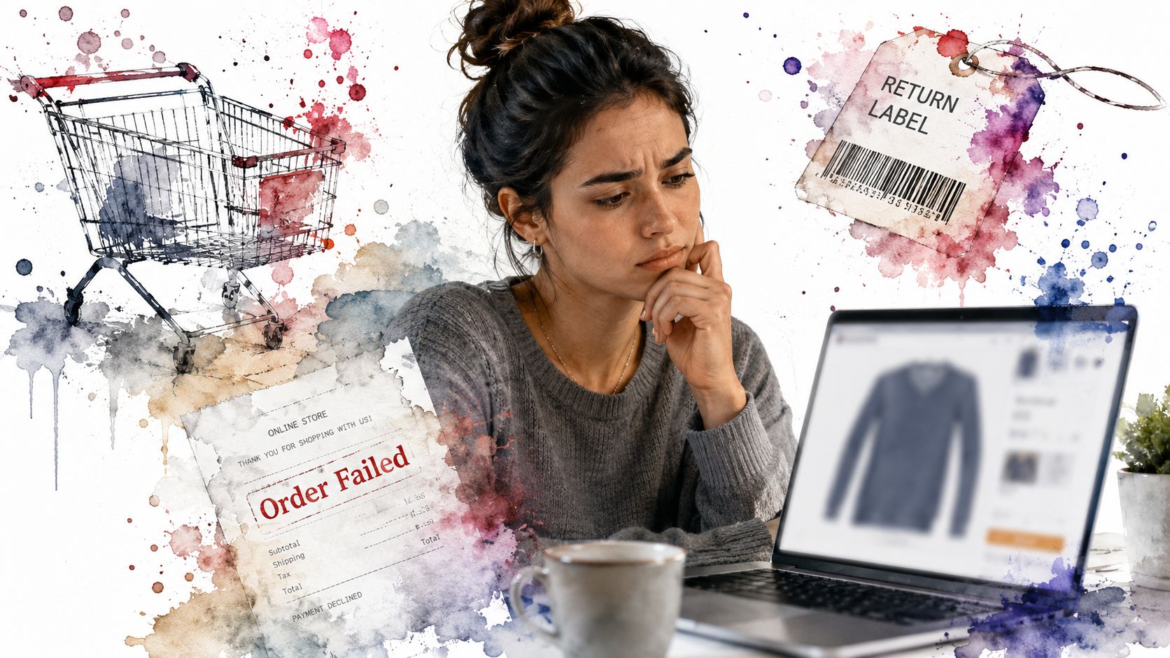 A concerned woman sits at her laptop looking at a failed online clothing order and return label.