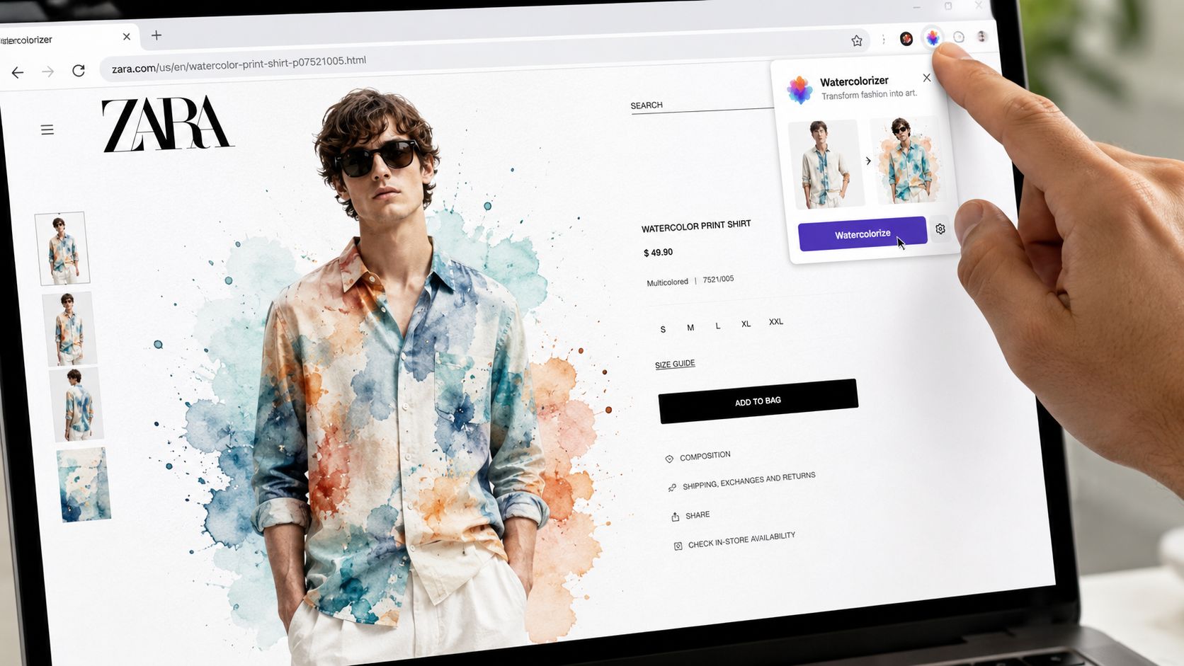 A user interacts with a browser extension that applies a watercolor effect to a Zara product page.