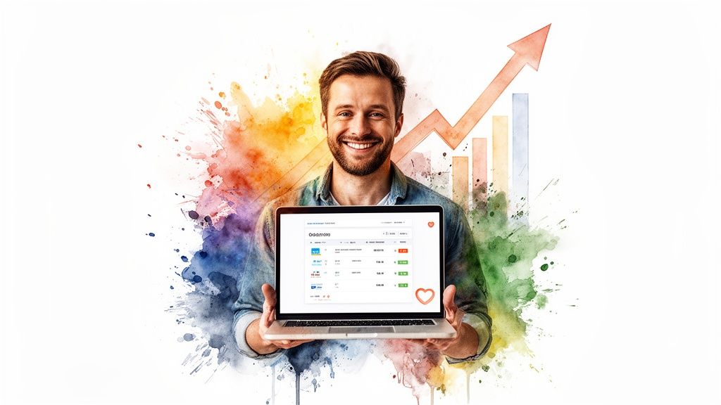 A smiling man holds a laptop displaying a financial dashboard against a colorful background with a growth chart.