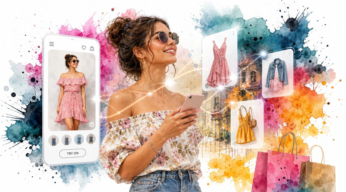 A stylish young woman using a smartphone to shop for trendy outfits with virtual try-on technology.