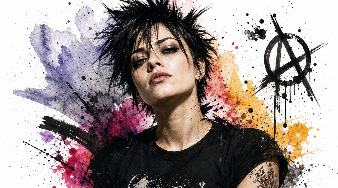A punk-styled woman with spiky black hair and an anarchy symbol set against a colorful watercolor background.