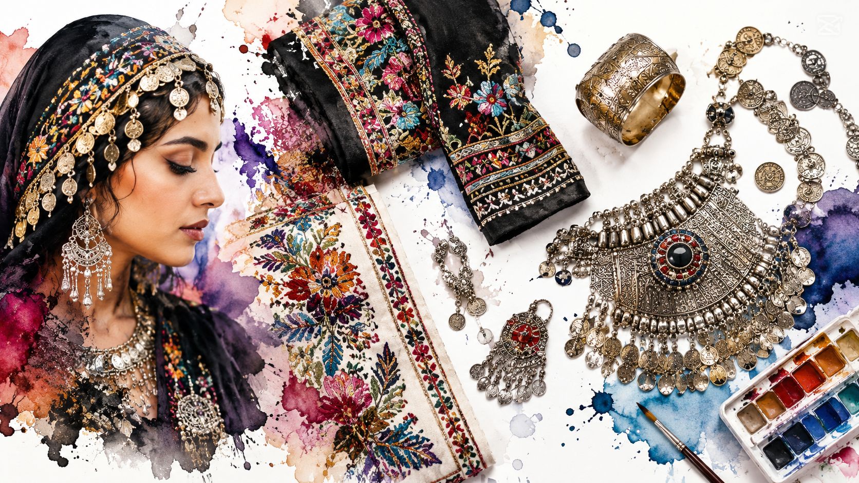 A woman wearing traditional Egyptian-style clothing and jewelry, alongside embroidered fabric pieces and watercolor paints.