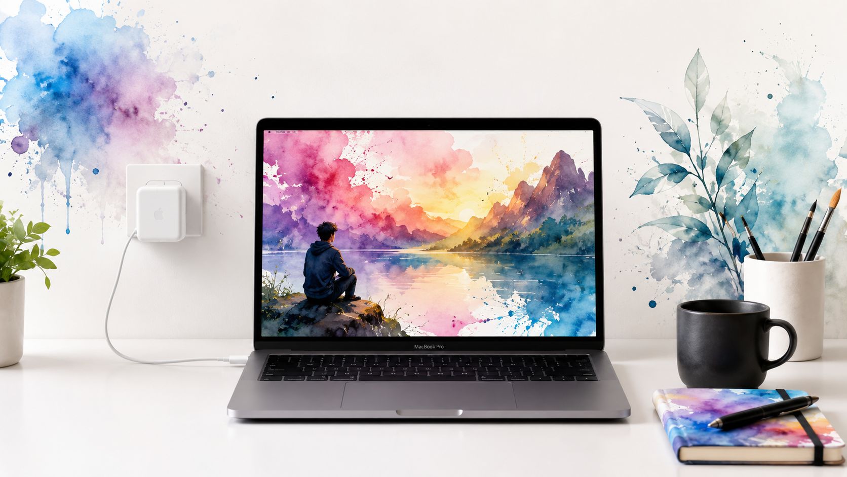 A 15 inch MacBook Pro laptop sitting on a white desk plugged into a wall charger.