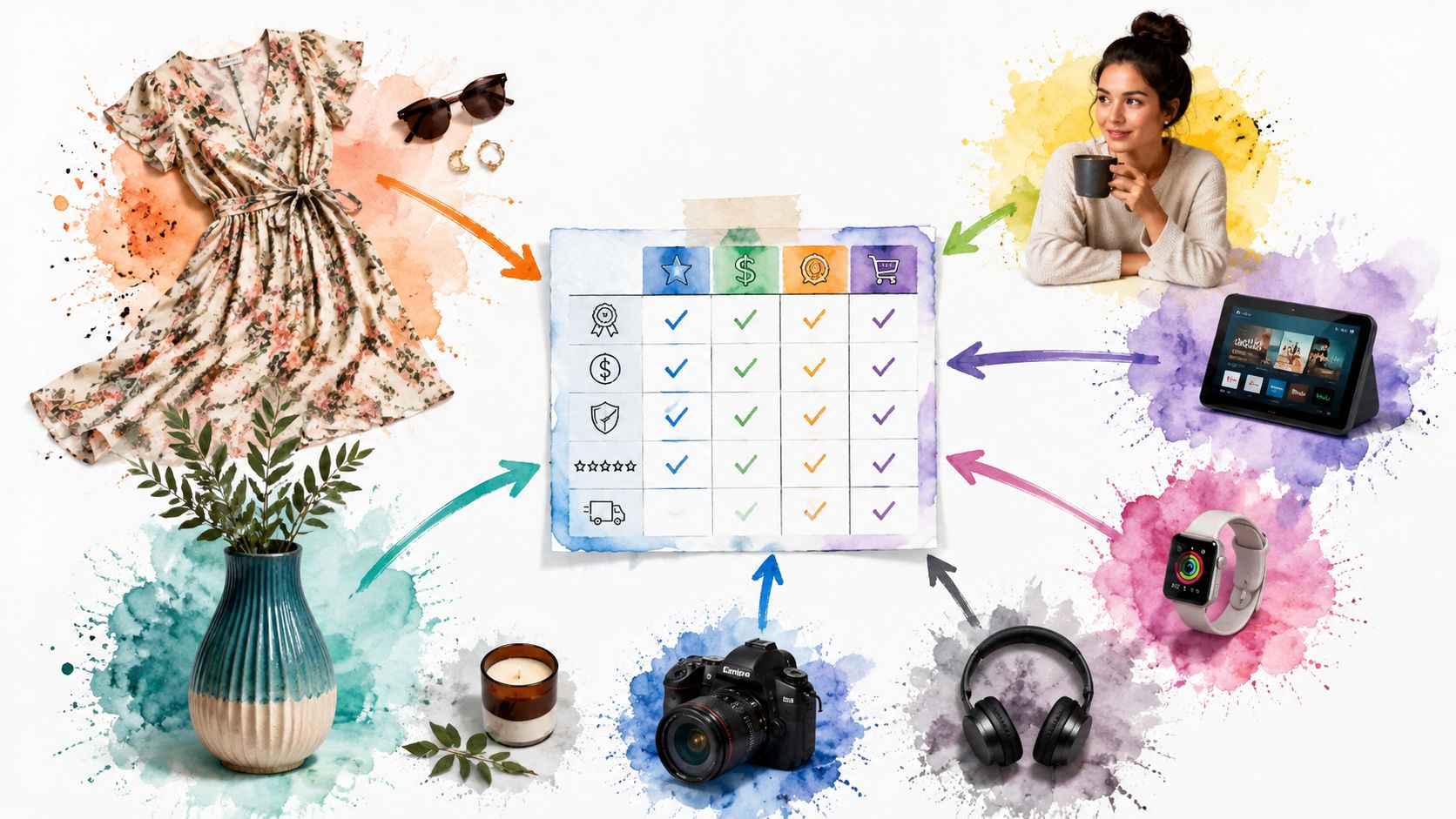 A central comparison table surrounded by lifestyle products, accessories, and technology on a watercolor background.