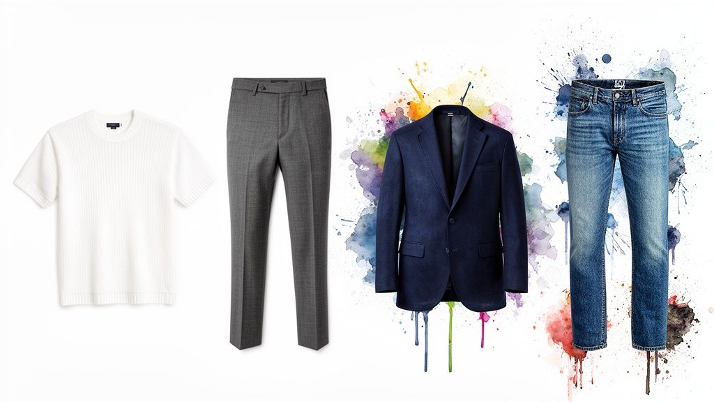 Four pieces of men's clothing: a white knit shirt, grey trousers, a navy blazer, and blue jeans.
