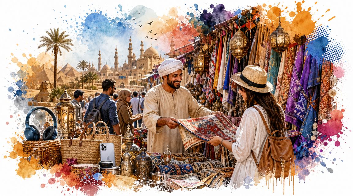 A smiling vendor shows a patterned rug to a tourist at a vibrant Egyptian street market stall.