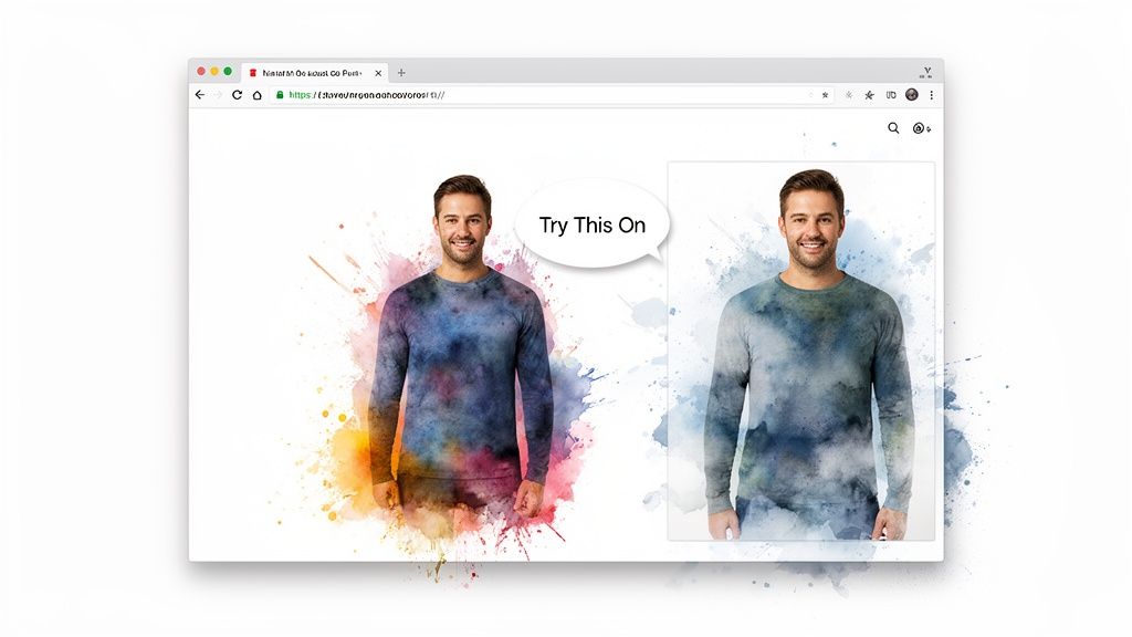 A man virtually trying on two different watercolor-style long-sleeve shirts in a web browser, demonstrating a virtual try-on app.