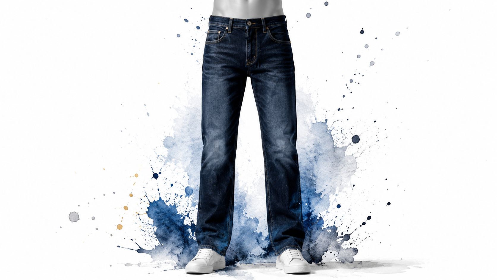 A mannequin wearing dark wash blue jeans and white sneakers against a white background with blue paint splashes.
