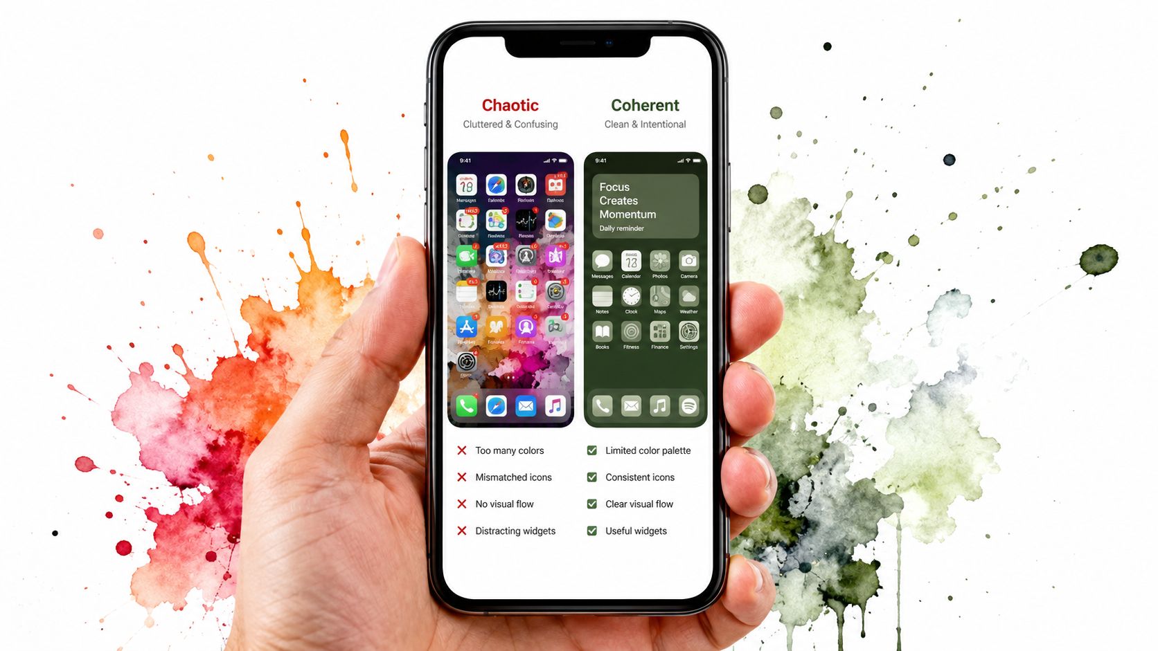 A hand holding a smartphone showing a side-by-side comparison of a chaotic versus a coherent iPhone home screen.
