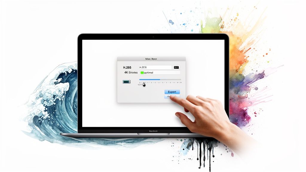A hand interacts with a MacBook screen showing video export settings, framed by watercolor art.