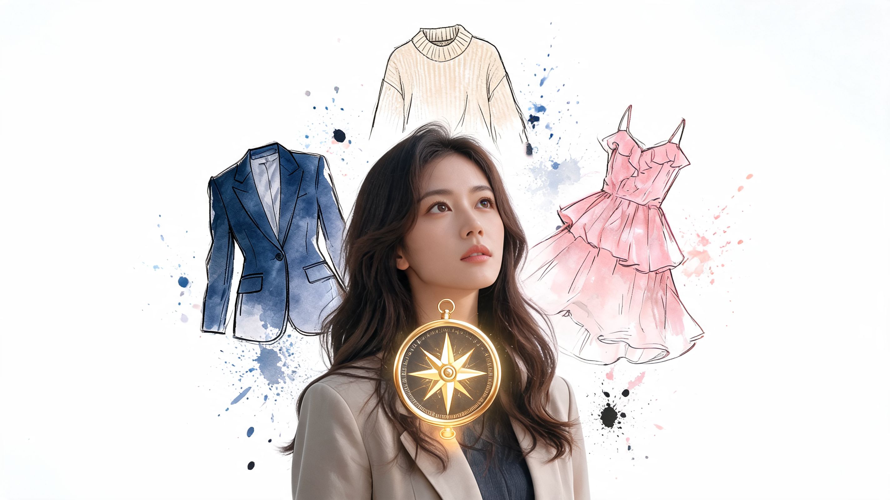 A woman looks thoughtful as illustrations of a blazer, sweater, and dress float around her with a compass.