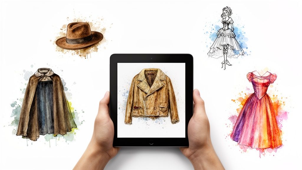 Hands holding a tablet displaying a watercolor jacket illustration, surrounded by other fashion sketches.