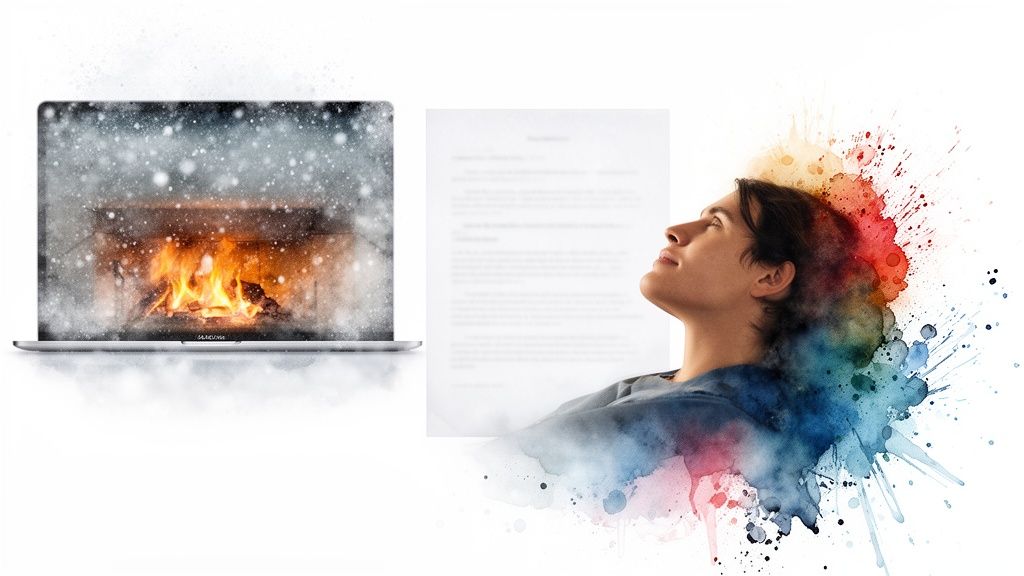 A person with colorful thoughts looks up, beside a laptop showing a warm fireplace scene with snow.