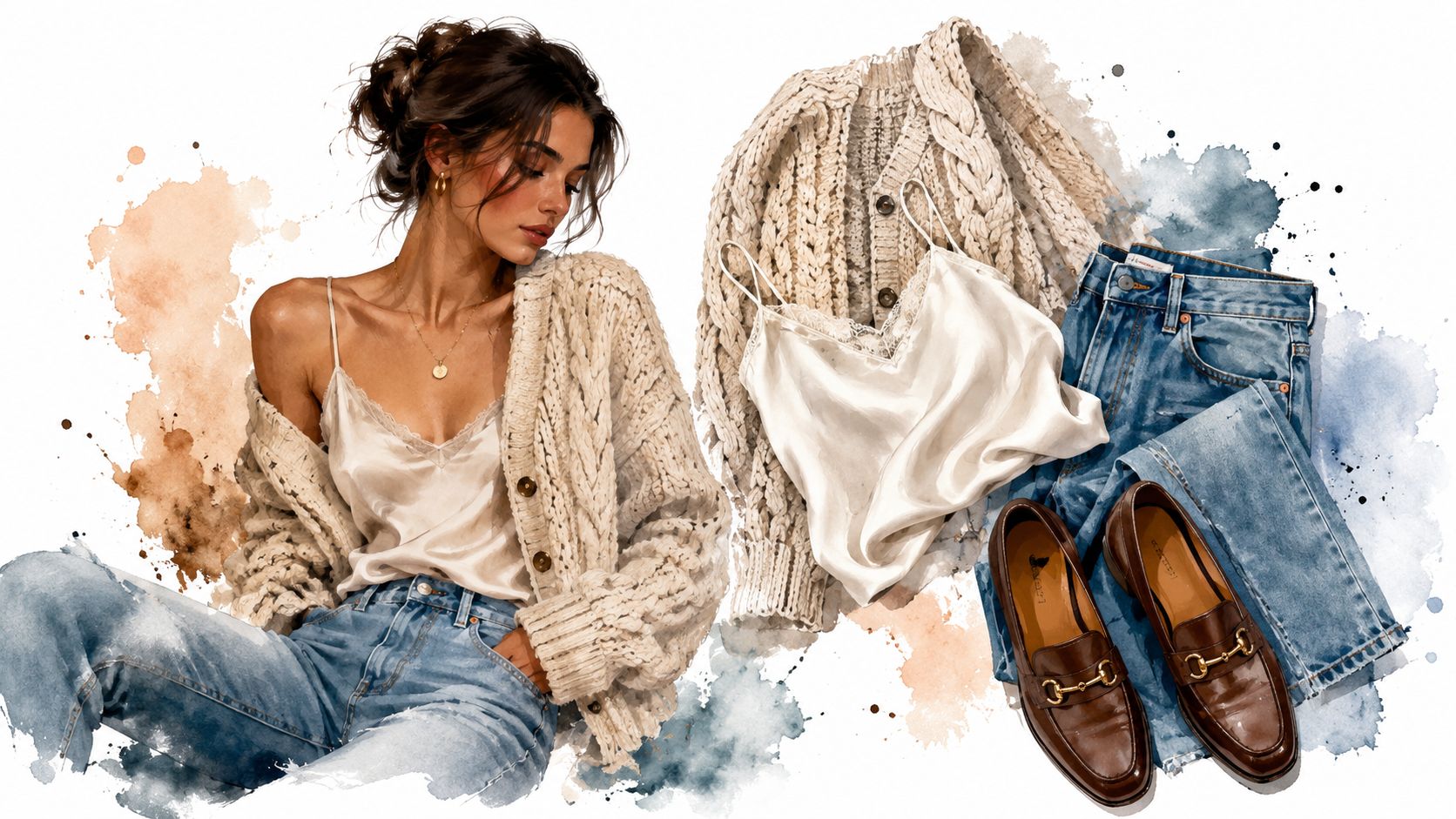 A chic fashion illustration showing a woman wearing a silk camisole, cable knit cardigan, and blue denim jeans.