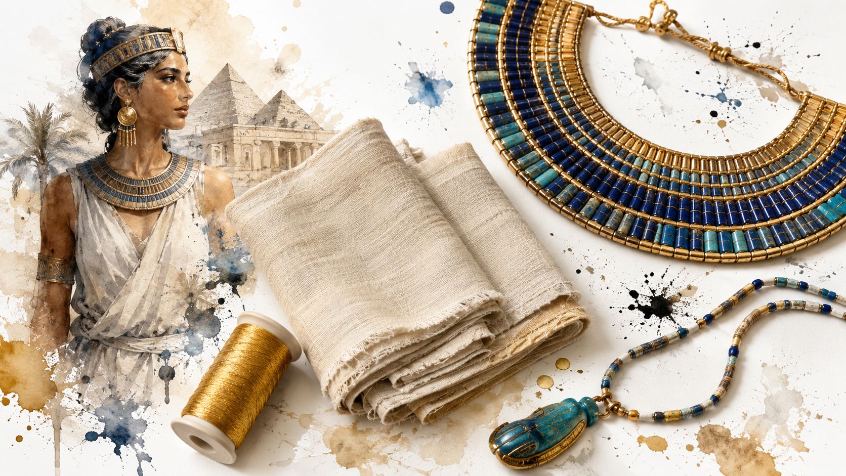 An illustration of an Egyptian woman wearing traditional jewelry beside folded linen fabric and ancient accessories.