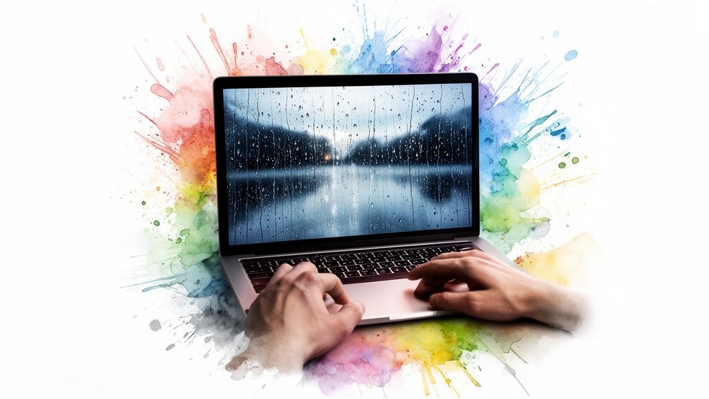 Hands typing on a laptop with a rainy screen, surrounded by vibrant watercolor paint splashes.