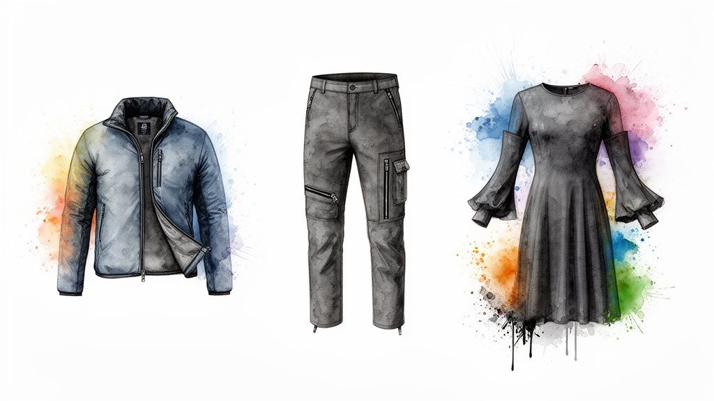 Three watercolor illustrations: a blue jacket, grey cargo pants, and a black dress on white background.