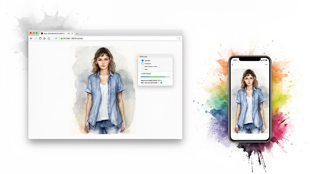 A digital fashion app displays a watercolor illustration of a woman in a casual outfit on web and mobile.