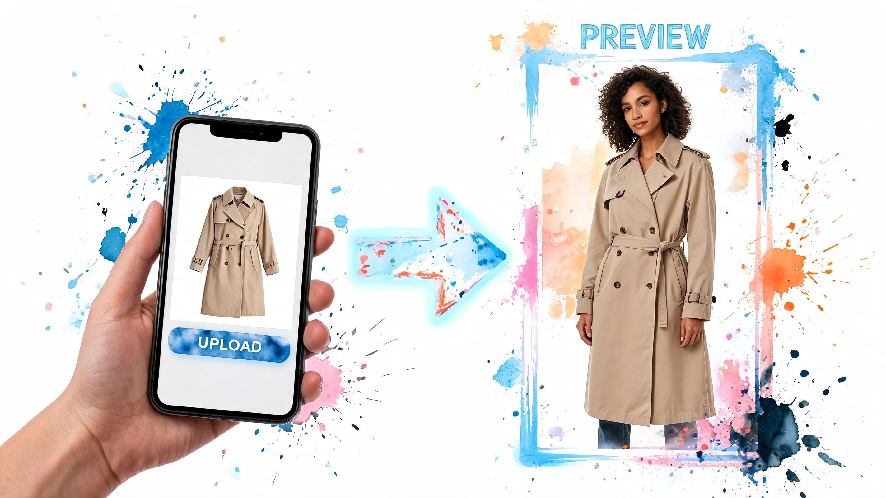 A hand holds a smartphone showing a trench coat, with a digital arrow transforming it onto a model.