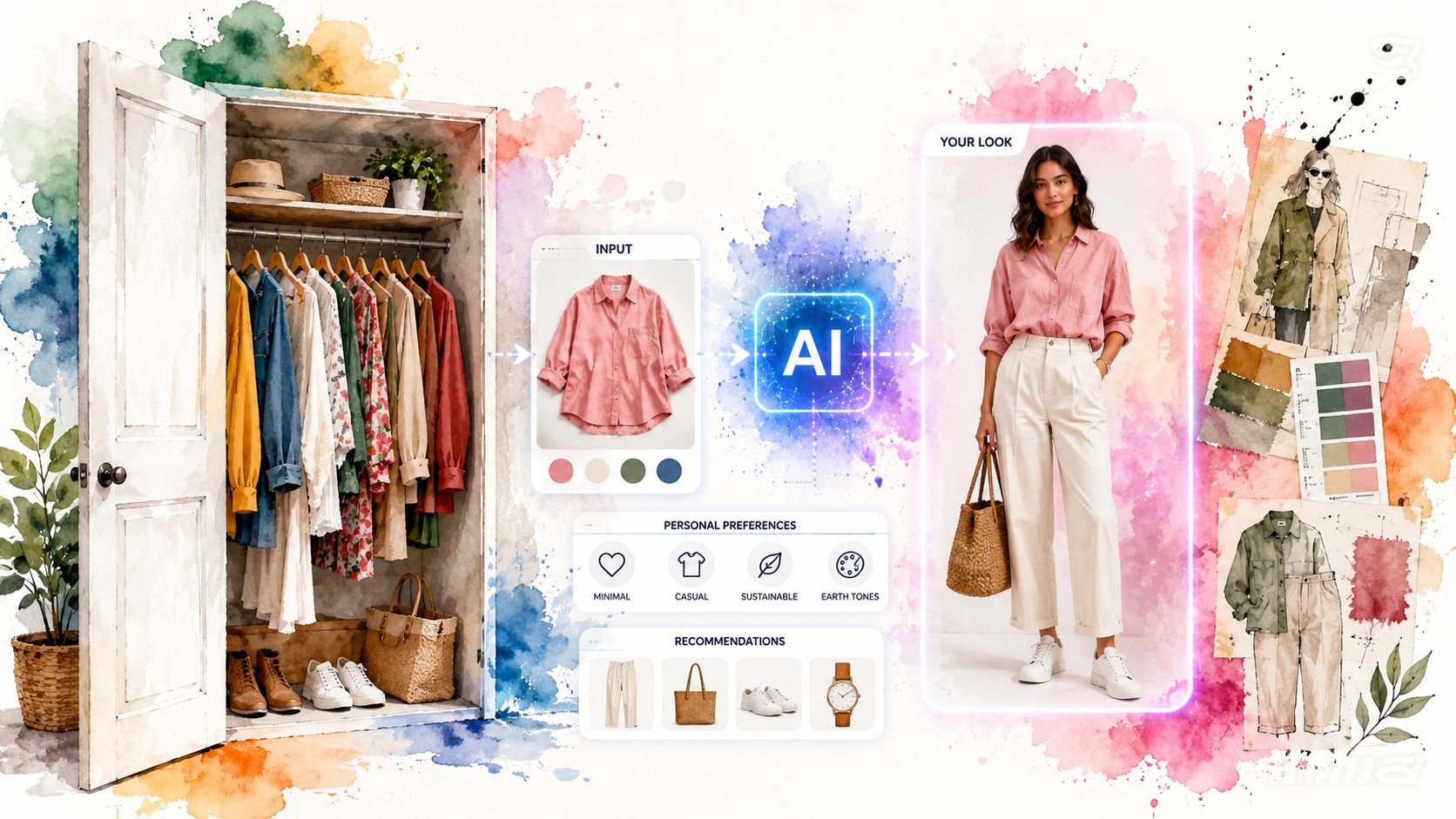 A digital illustration showing AI transforming clothing items from a closet into a styled outfit.