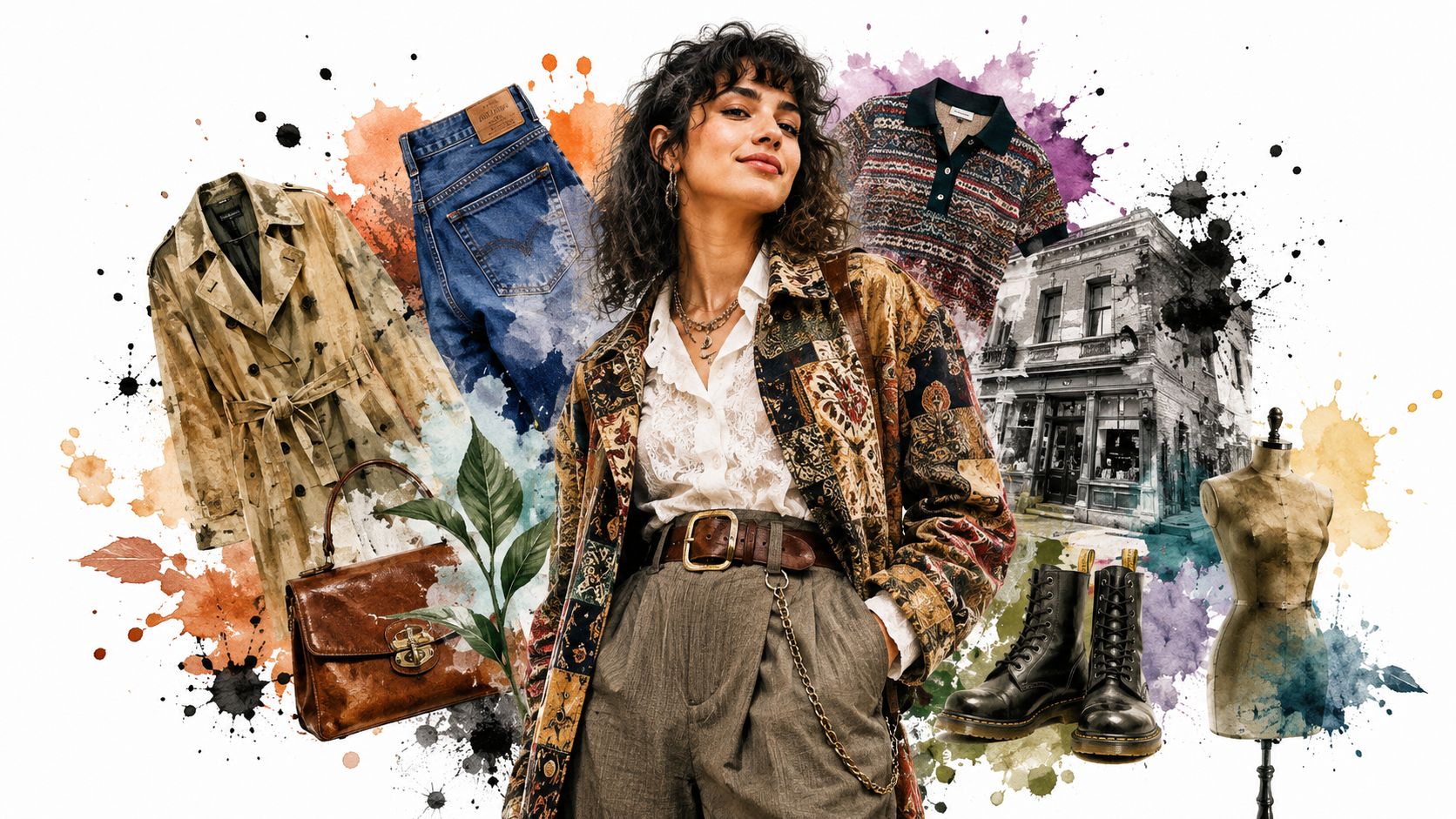 A stylish woman in vintage clothing with artistic collage elements of thrift store fashion and accessories.