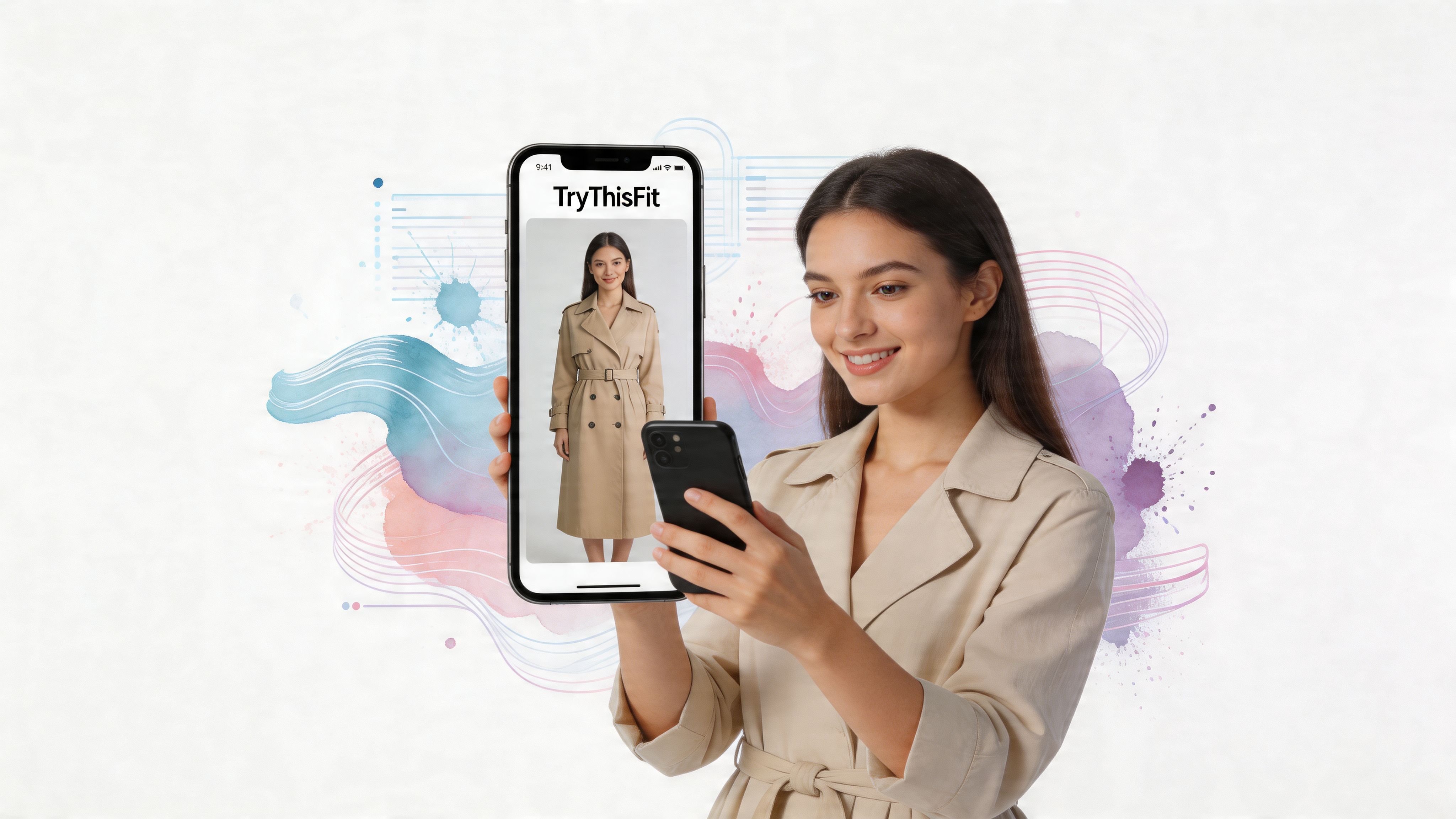 A smiling woman using a smartphone to virtually try on a trench coat using an app.