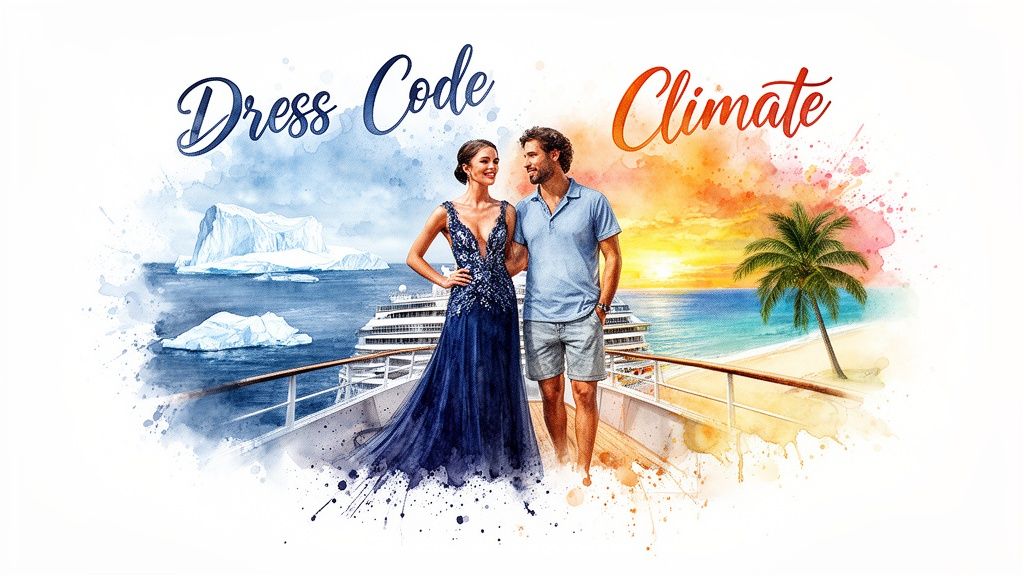 A couple standing on a cruise ship deck representing contrasting cold arctic and warm tropical cruise vacation environments.