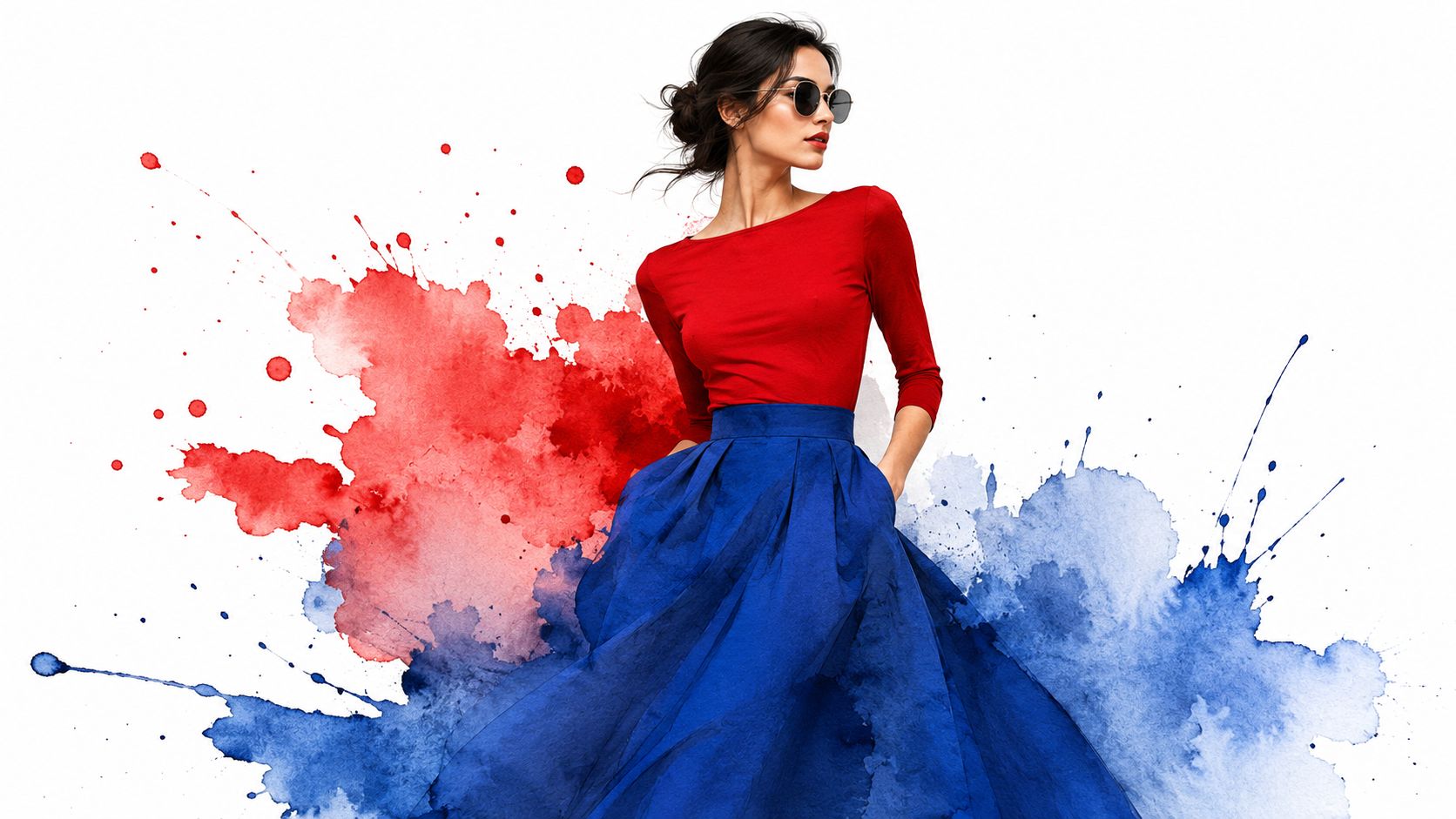 A fashionable woman in a red top and blue skirt posing against watercolor splatters on white background.
