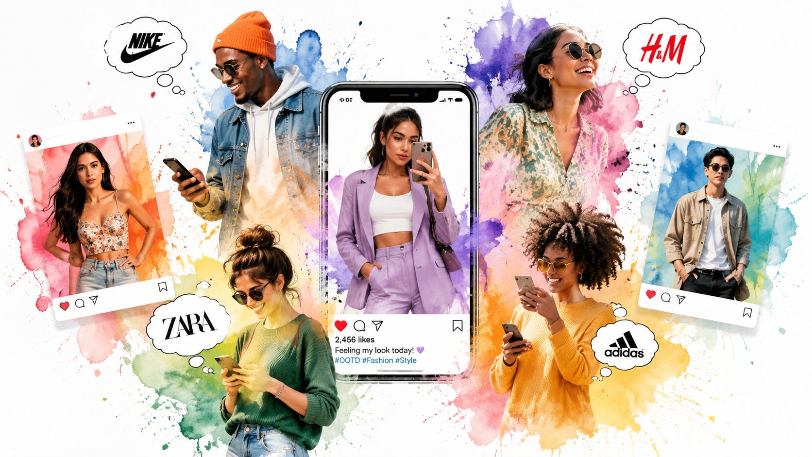 A collage of diverse influencers interacting with smartphones surrounded by brand logos and vibrant watercolor splashes.