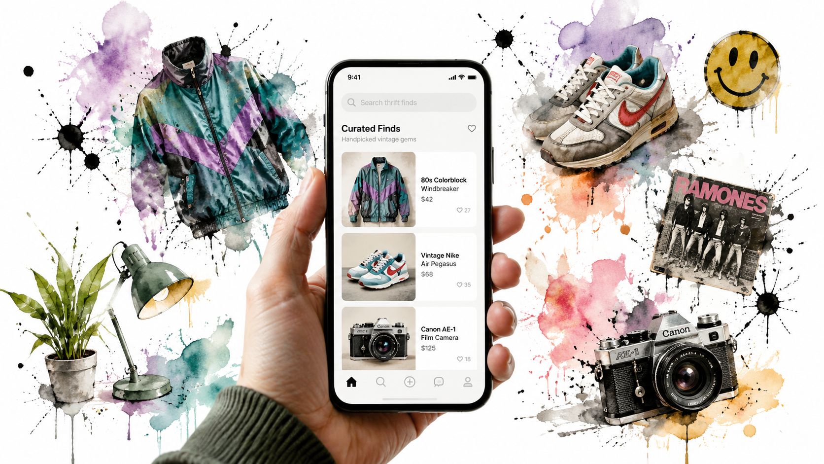 A hand holding a smartphone displaying an online thrift store app featuring vintage clothing and accessories.