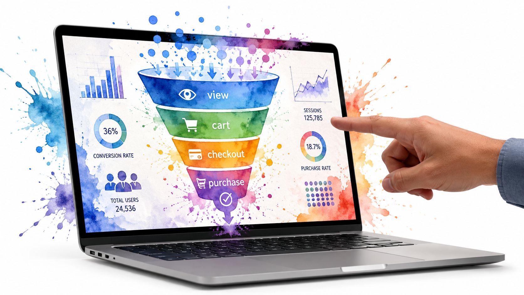 A digital laptop screen displaying a colorful marketing funnel visualization for e-commerce website analytics and conversion optimization.