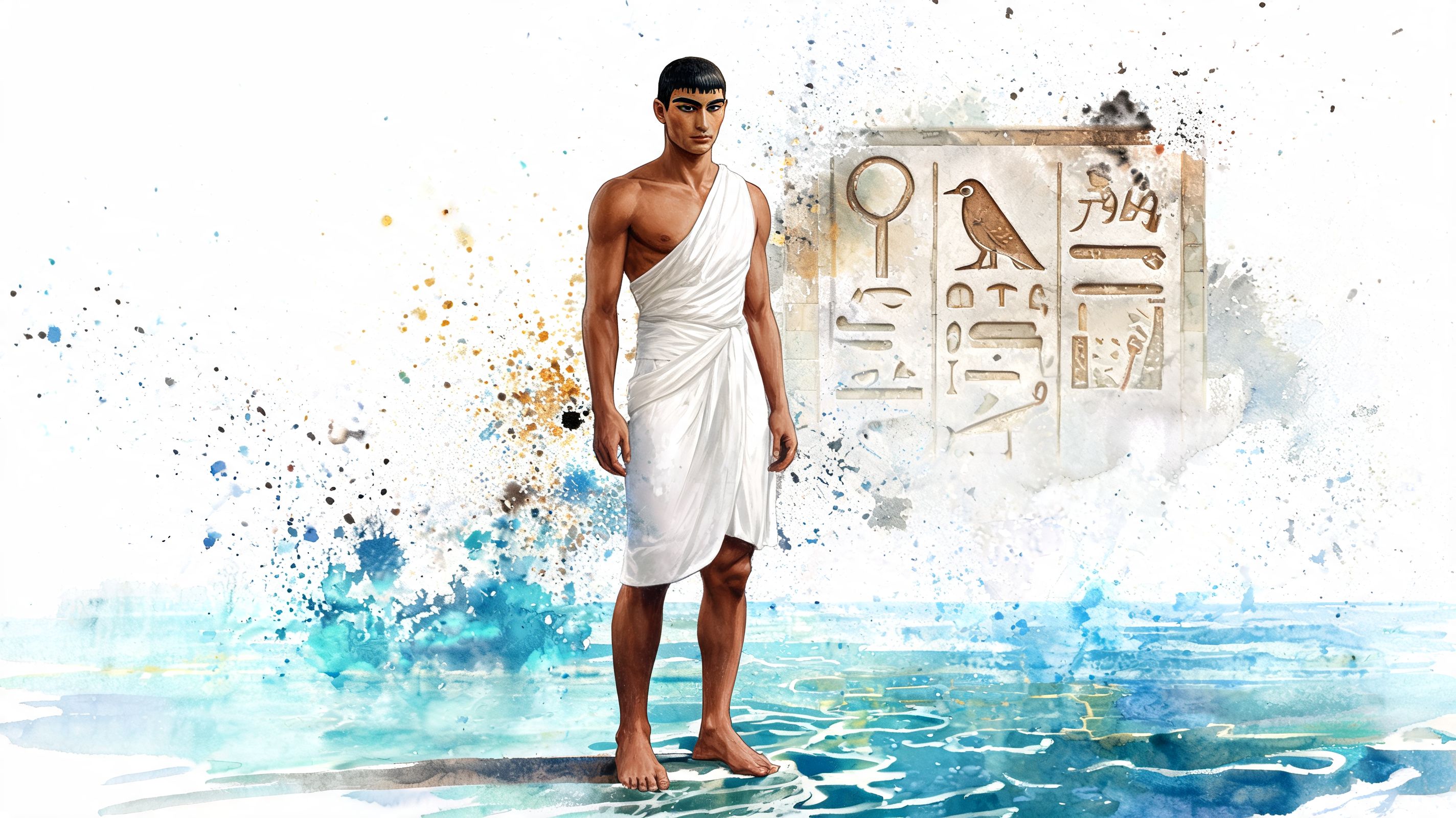 An illustration of an Egyptian man wearing a traditional white linen robe standing near ancient hieroglyphics.