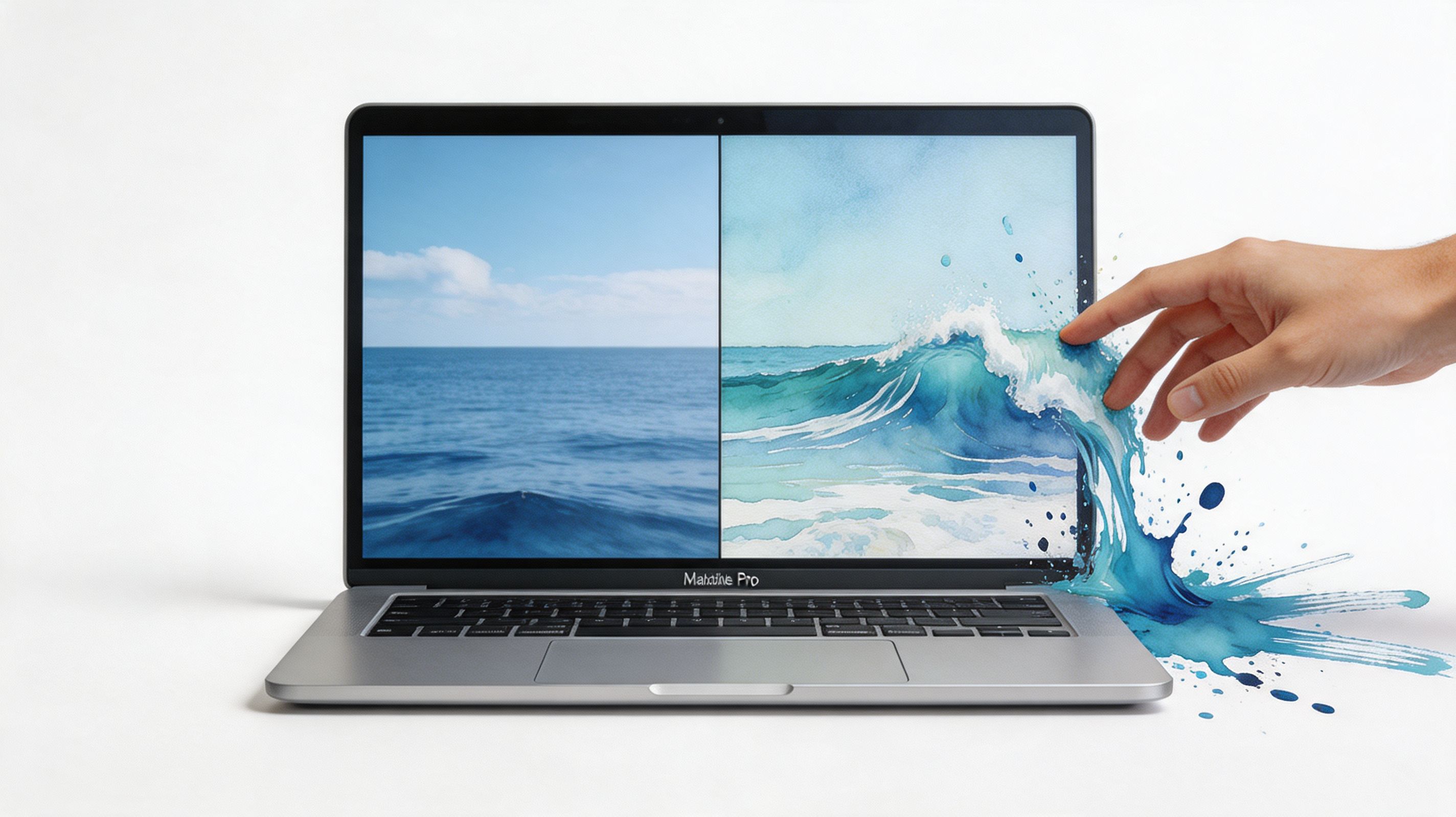 A hand touching a laptop screen where a realistic ocean transforms into a vibrant watercolor painting.
