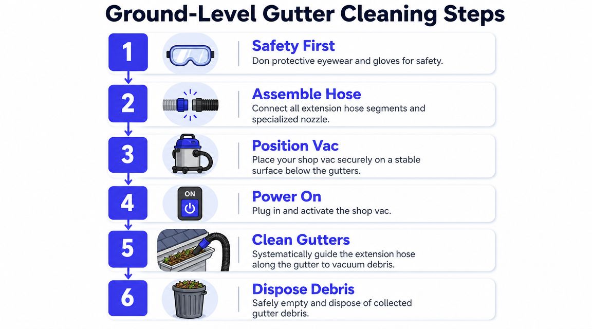 An infographic detailing six simple steps for using a shop vac extension hose for gutter cleaning.