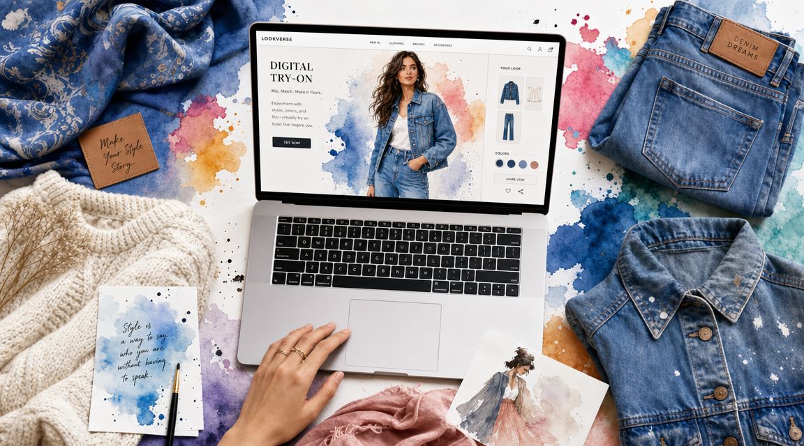 A laptop displays a digital try-on interface surrounded by clothing, watercolor art, and denim fashion items.