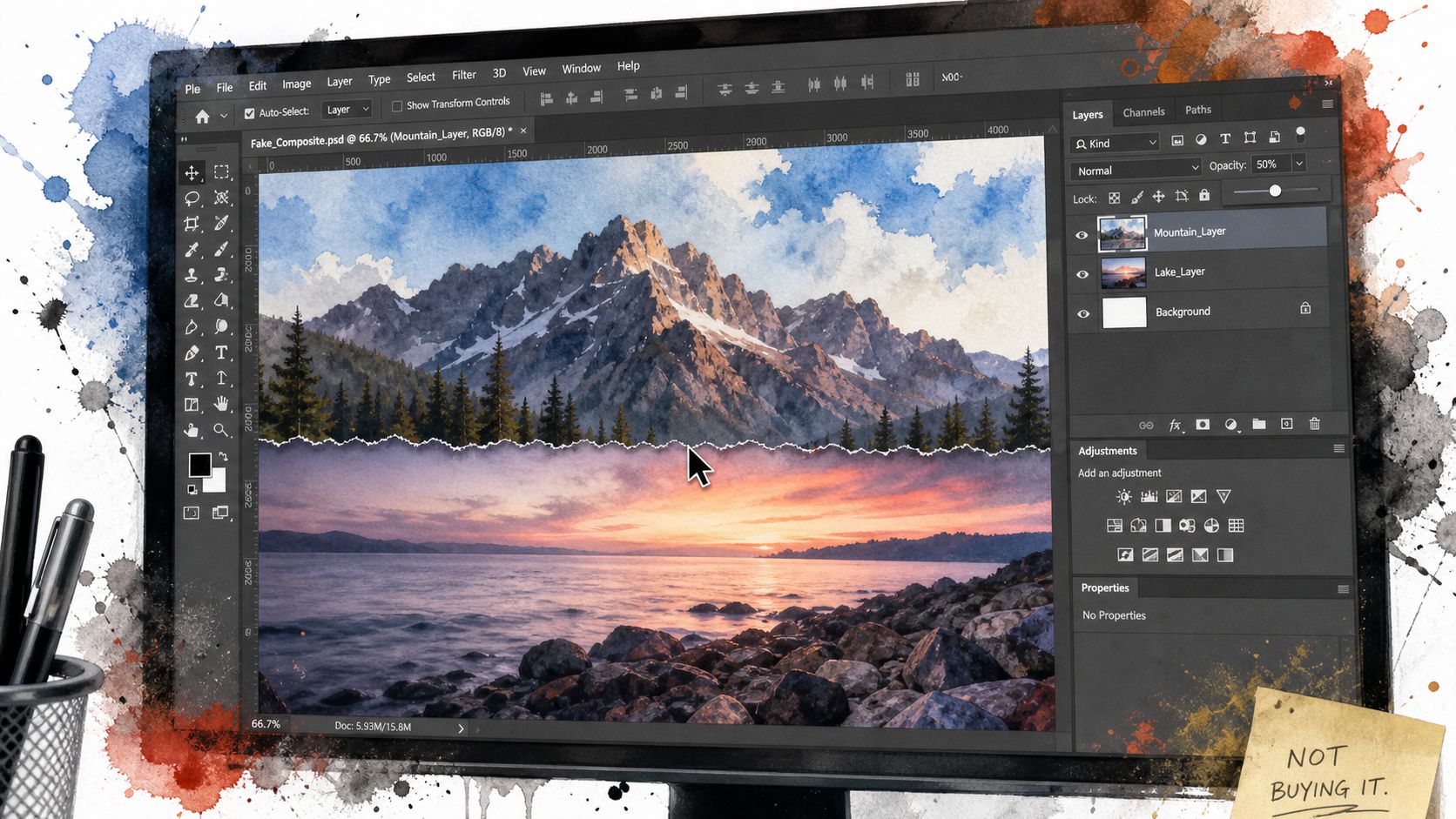 A computer screen showing Adobe Photoshop editing software with a composite mountain landscape and lake image.
