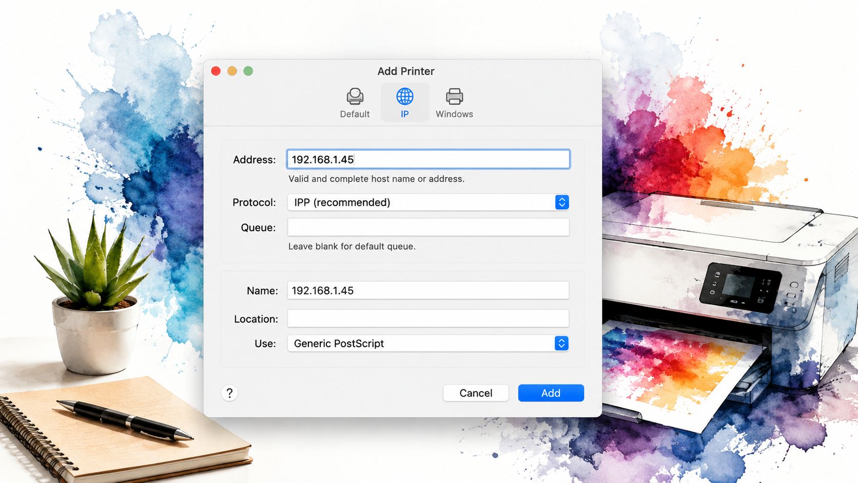 A Mac computer dialogue box window for adding a network printer using an IP address and protocol settings.